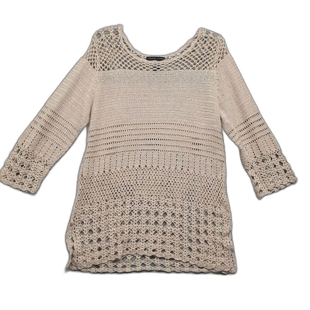 Maurice Sasson Women Sz M Cream Crochet Linen Blend Open Knit Sweater Boho Fairy